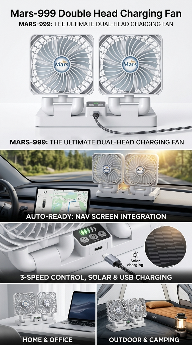 Mars-999 – Ventilateur Double Tête Rechargeable Solaire & USB | 3 Vitesses, Orientation 360°, Portable