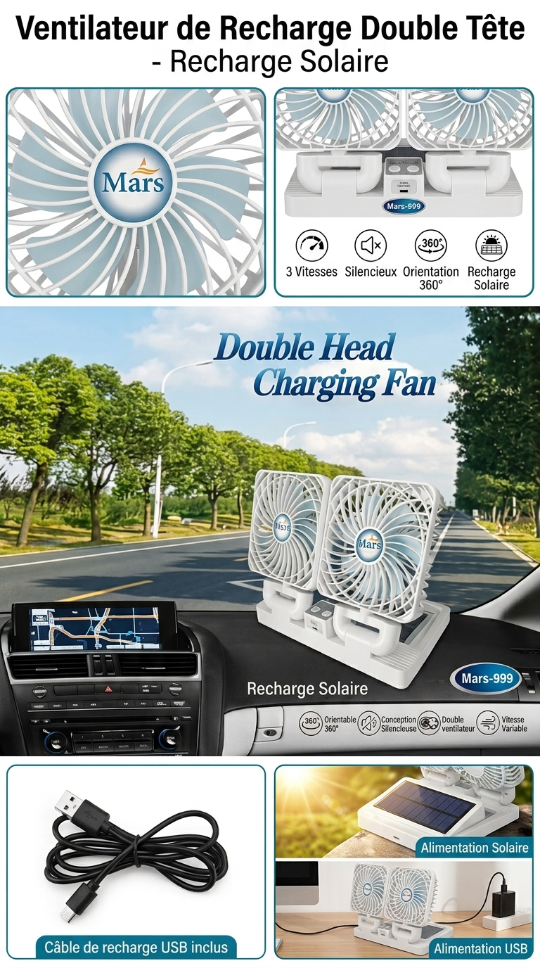 Mars-999 – Ventilateur Double Tête Rechargeable Solaire & USB | 3 Vitesses, Orientation 360°, Portable
