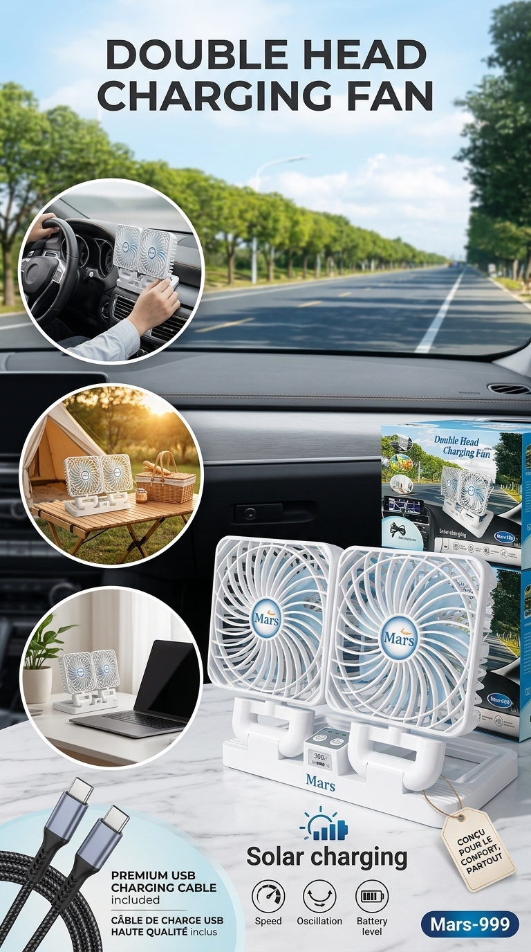 Mars-999 – Ventilateur Double Tête Rechargeable Solaire & USB | 3 Vitesses, Orientation 360°, Portable