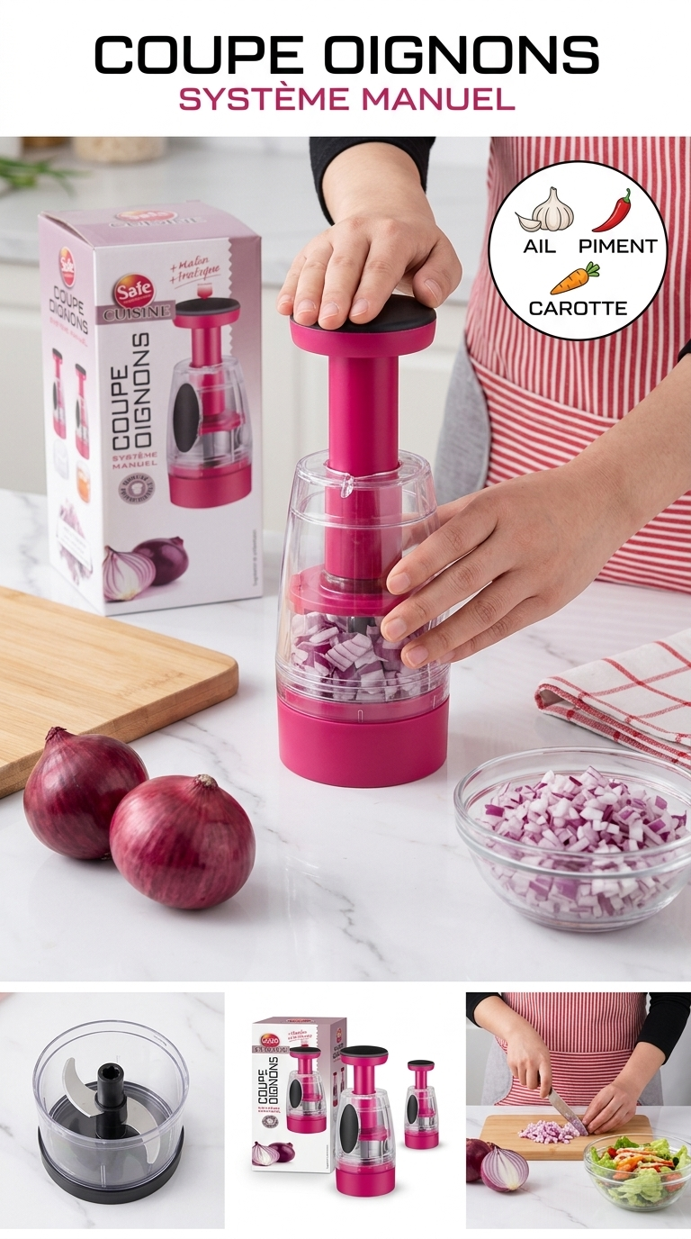 Hachoir Manuel Multifonction Safe Cuisine – Coupe-Oignons, Ail, Piment & Légumes – Système de Pression Rapide et Pratique