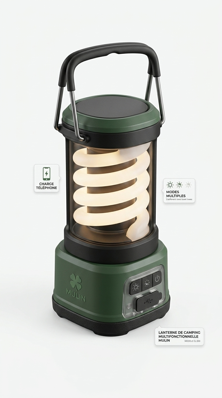 Lampe de Camping Multifonctionnelle Rechargeable – Éclairage 3 Modes, Crochet & Base Magnétique