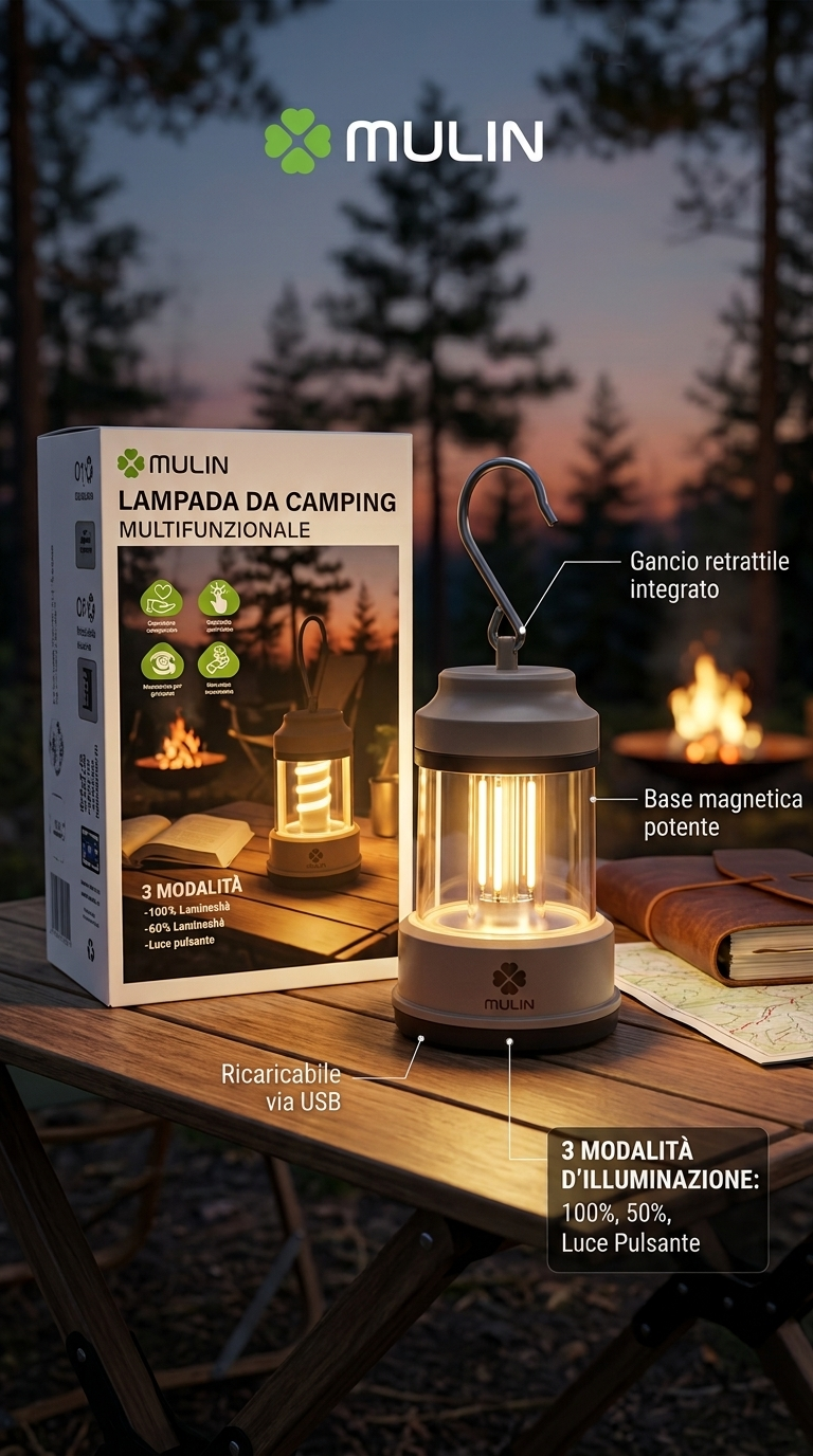 Lampe de Camping Multifonctionnelle Rechargeable – Éclairage 3 Modes, Crochet & Base Magnétique
