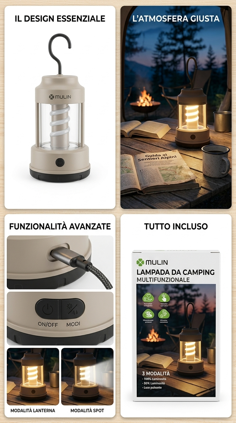 Lampe de Camping Multifonctionnelle Rechargeable – Éclairage 3 Modes, Crochet & Base Magnétique
