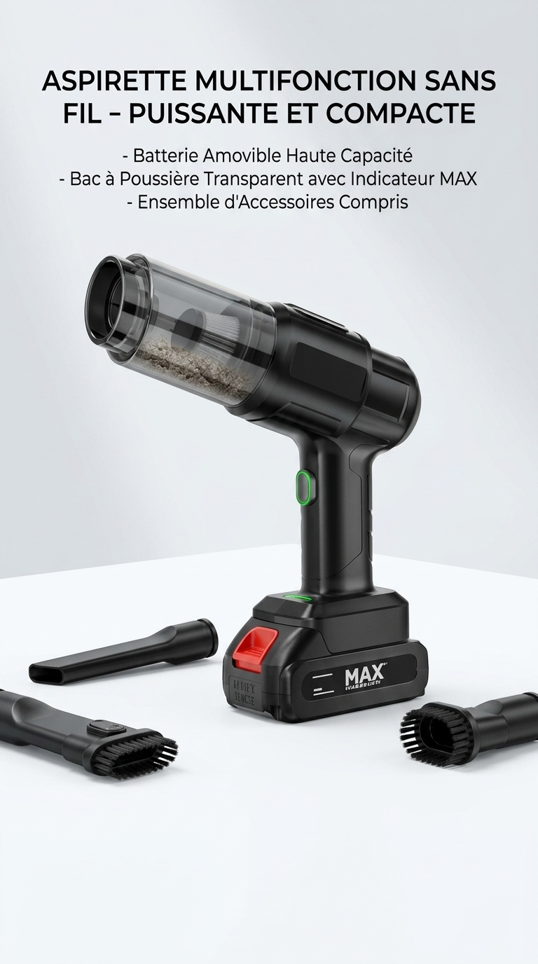 Aspirateur à Main Sans Fil 20V MAX – Multifonction, Puissant & Compact avec Filtration HEPA et Kit d’Accessoires