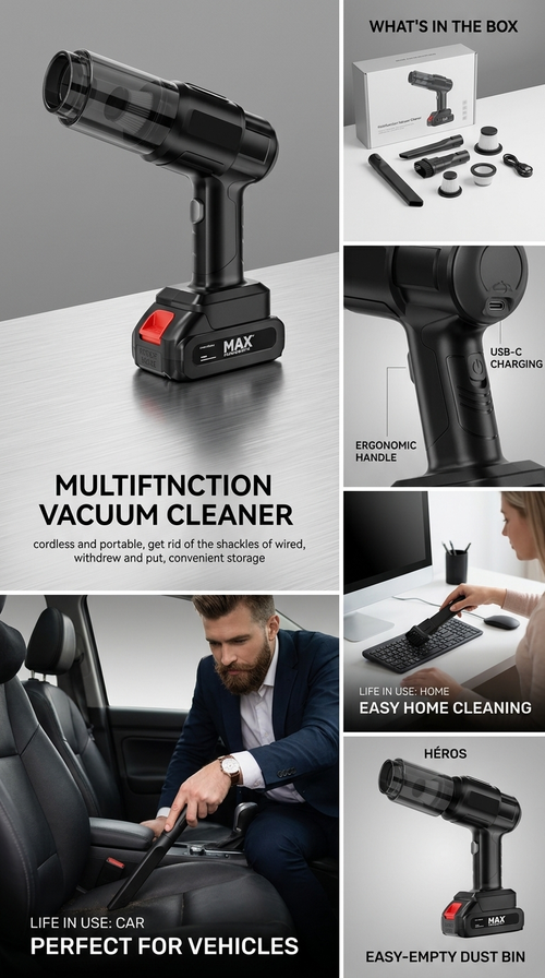 Aspirateur à Main Sans Fil 20V MAX – Multifonction, Puissant & Compact avec Filtration HEPA et Kit d’Accessoires