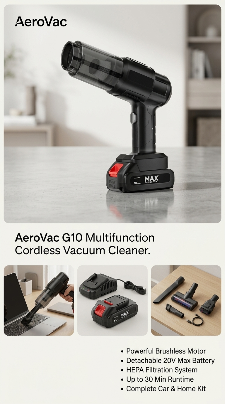 Aspirateur à Main Sans Fil 20V MAX – Multifonction, Puissant & Compact avec Filtration HEPA et Kit d’Accessoires