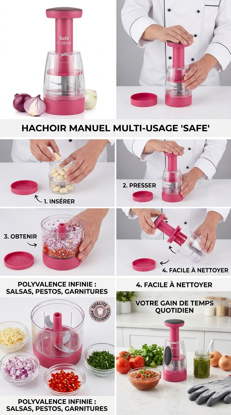 Hachoir Manuel Multifonction Safe Cuisine – Coupe-Oignons, Ail, Piment & Légumes – Système de Pression Rapide et Pratique