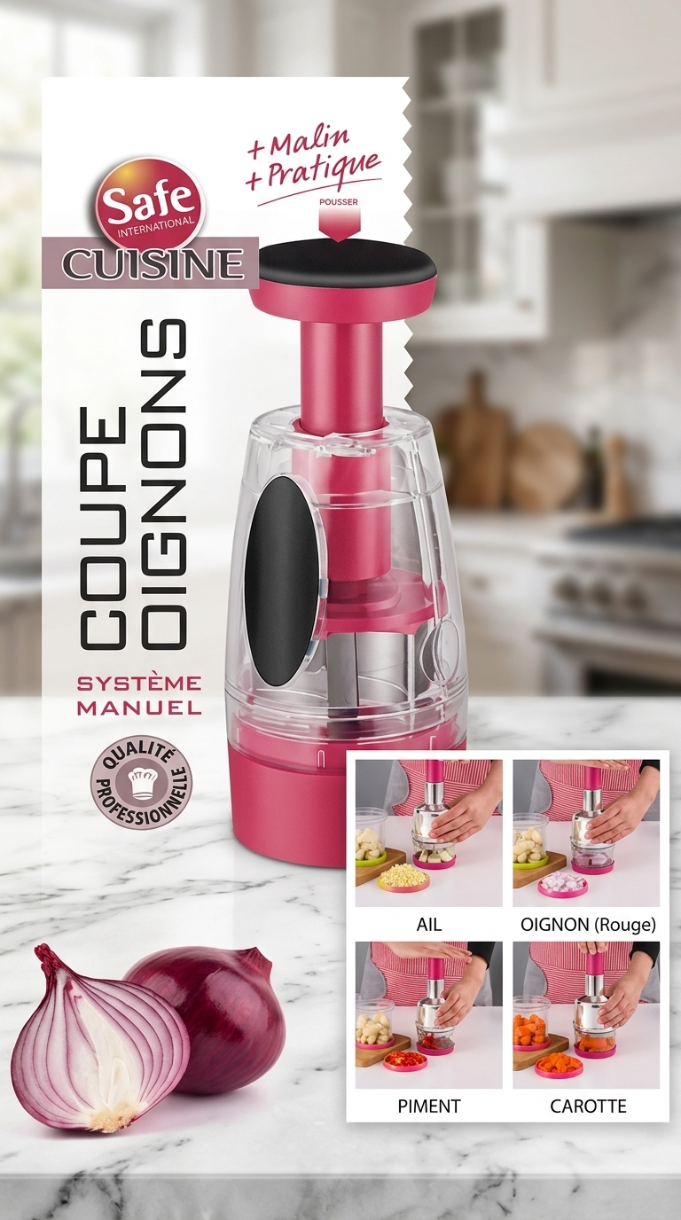 Hachoir Manuel Multifonction Safe Cuisine – Coupe-Oignons, Ail, Piment & Légumes – Système de Pression Rapide et Pratique