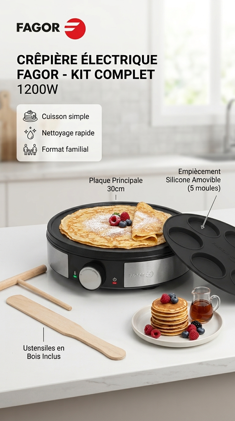Crêpière Électrique Fagor 1200W – 30 cm avec Plaque Mini-Crêpes et Kit Complet